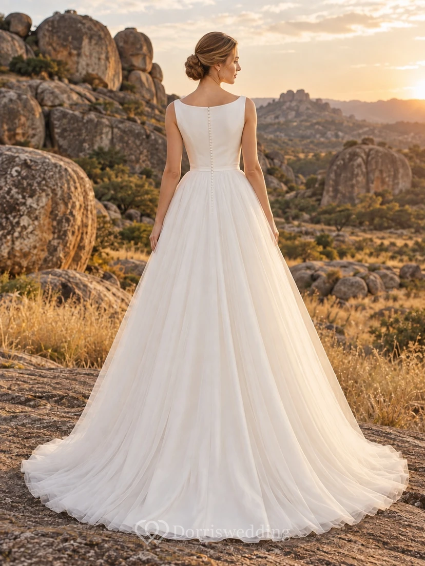 Vestido de novia sencillo y modesto con escote barco, de satén y tul, sin mangas y falda larga. view 2
