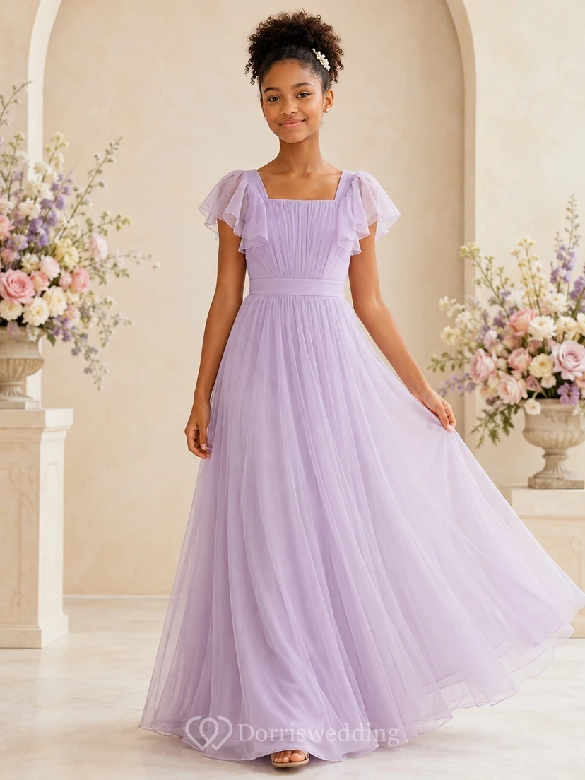 Zartrosa Brautjungfernkleid für junge Damen, A-Linie, eckige kurze Ärmel, Tüll, gestuft, romantisch, formell