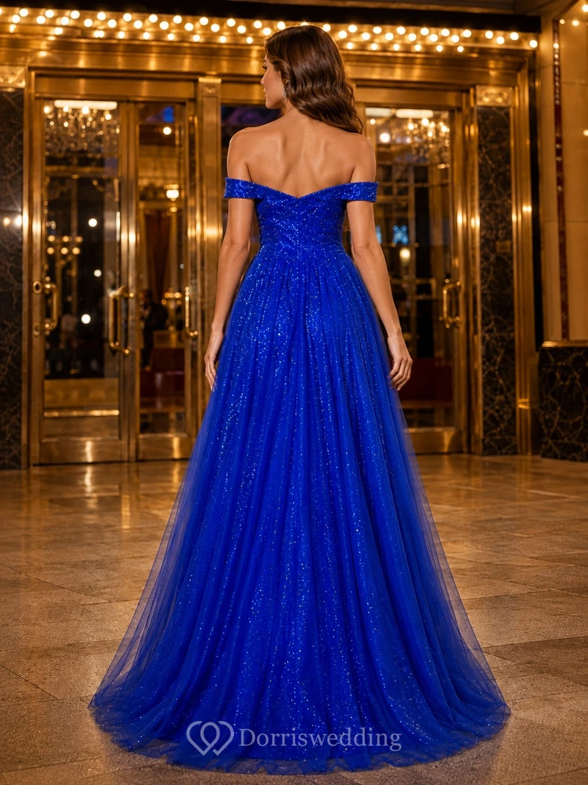 Königsblaues schulterfreies Tüll-Abendkleid mit Herzausschnitt view 2