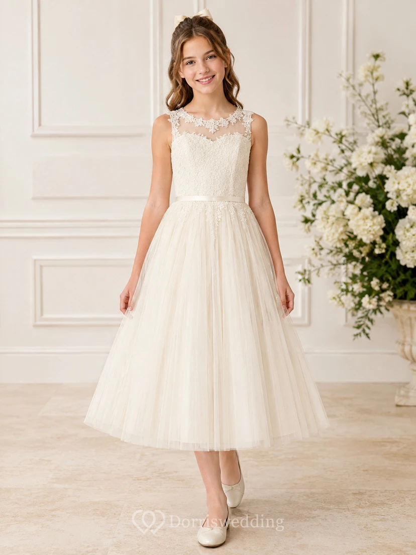 Elegant Lace Tea-Length A-Line Flower Girl Garden Wedding Tulle Dress With Illusion Jewel Neck
