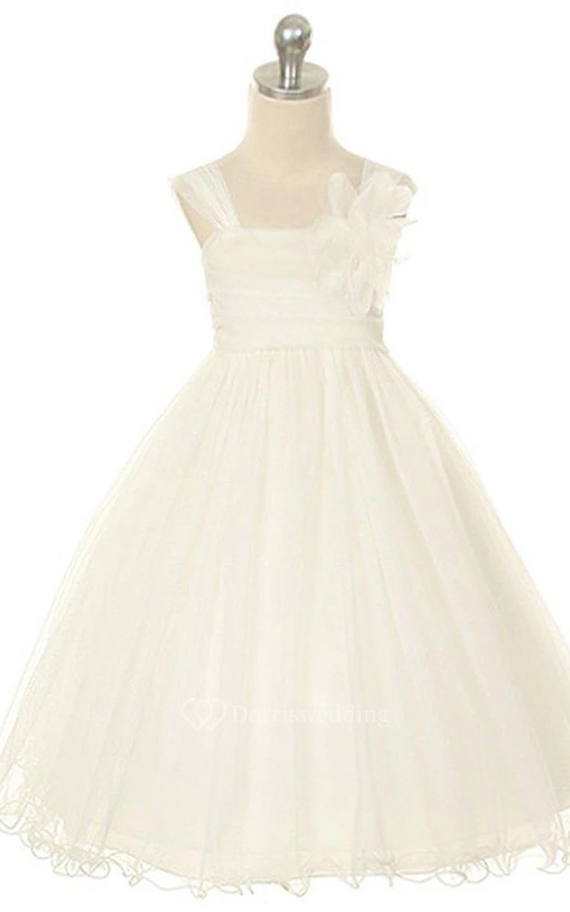 Cap-sleeved Square-neck A-neck Dress With Flower view 2
