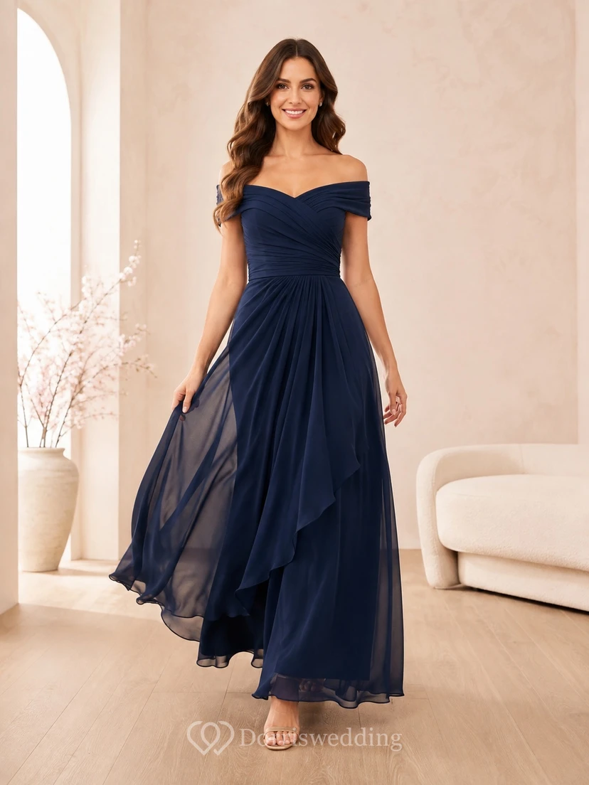 Dark Navy Off-Shoulder Ruched Chiffon A-Line Ankle-Length Elegant Guest Dress
