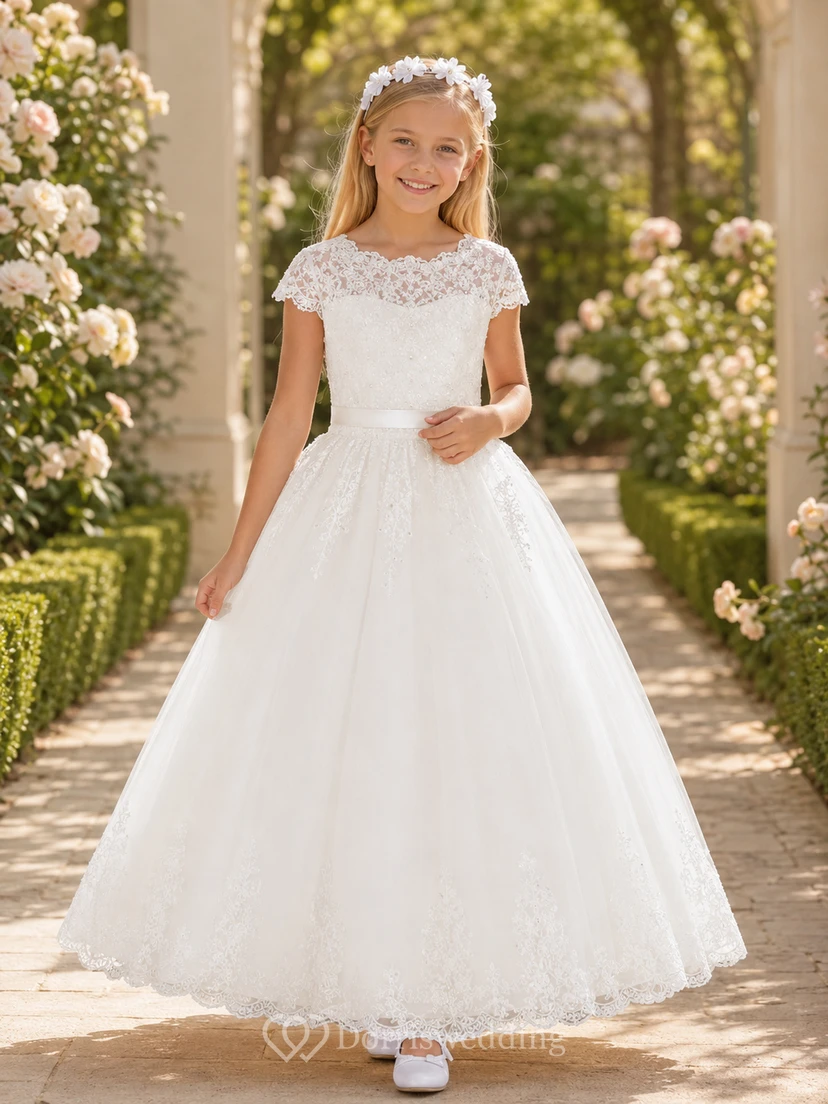 Off Shoulder Floral Lace Cap Sleeve Communion Garden Flowergirl Dress