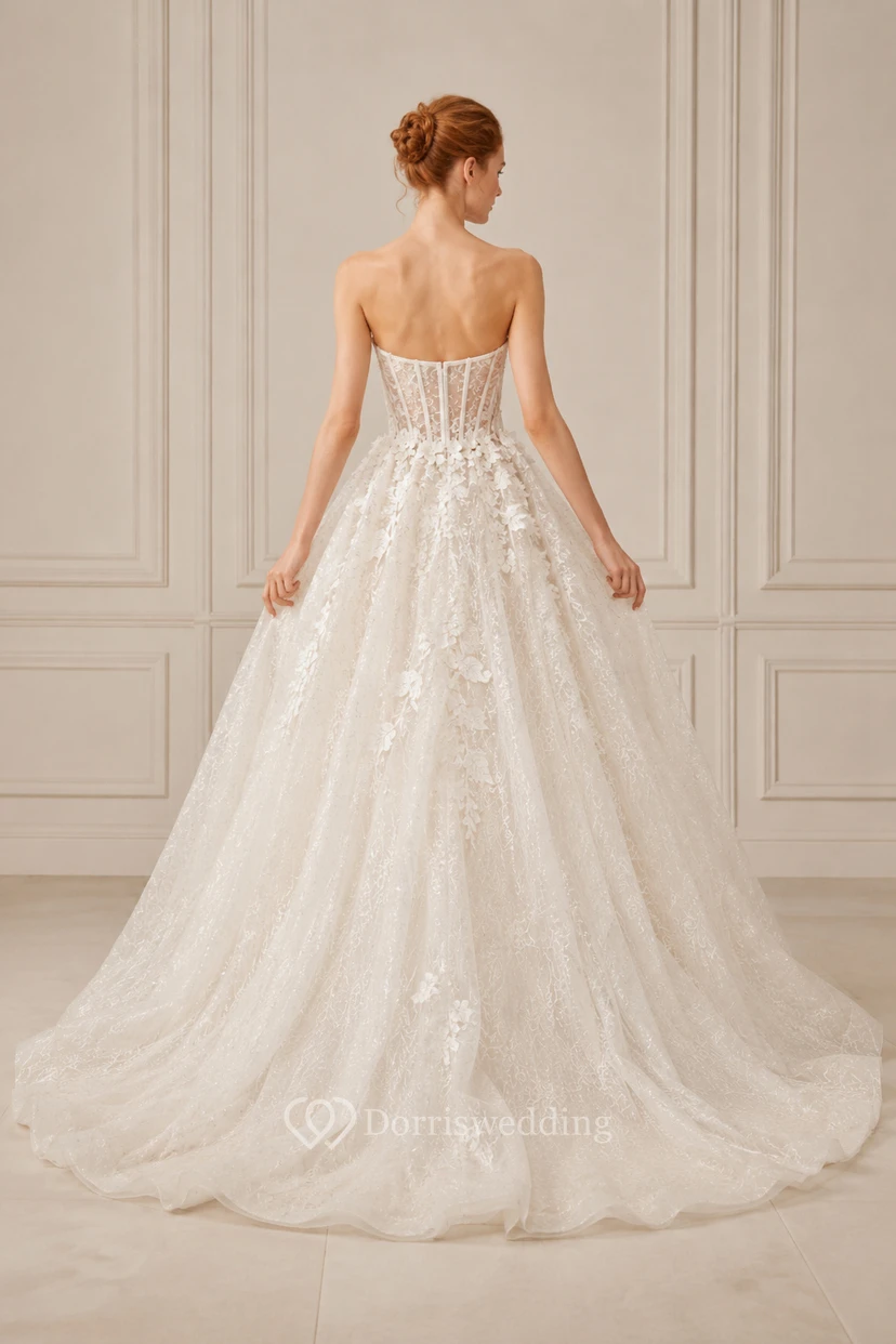Vestido de novia de gala sin tirantes de encaje con falda de tul view 2