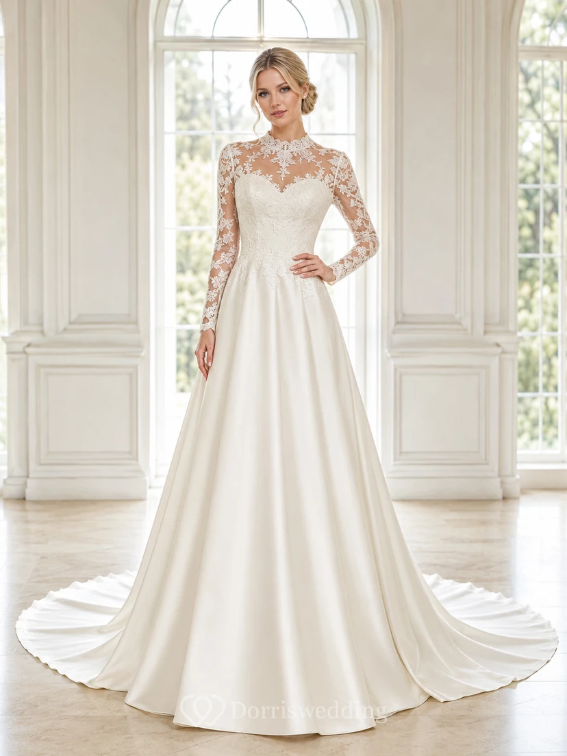 Elegant Modest High Neck Illusion Long Sleeve Satin A-Line Wedding Gown