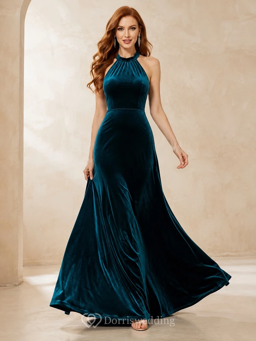 Elegant Peacock Halter Velvet A-Line Floor-Length Simple Formal Evening Gown