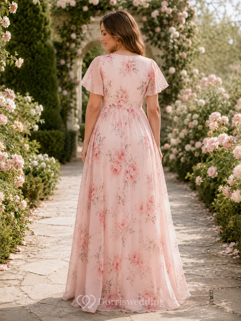 Rosa geblümtes Maxikleid mit flatternden Ärmeln für kleine Umstandsmode view 2
