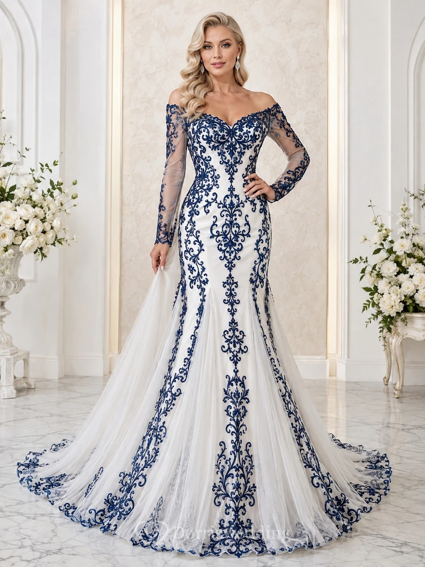 Marineblaues, aufwendig verziertes Meerjungfrauen-Brautkleid mit schulterfreiem Schnitt, langen Ärmeln und Spitze