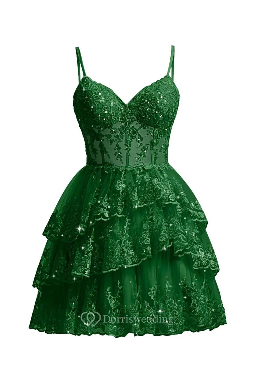 Robe de cocktail en dentelle violette à volants view 14