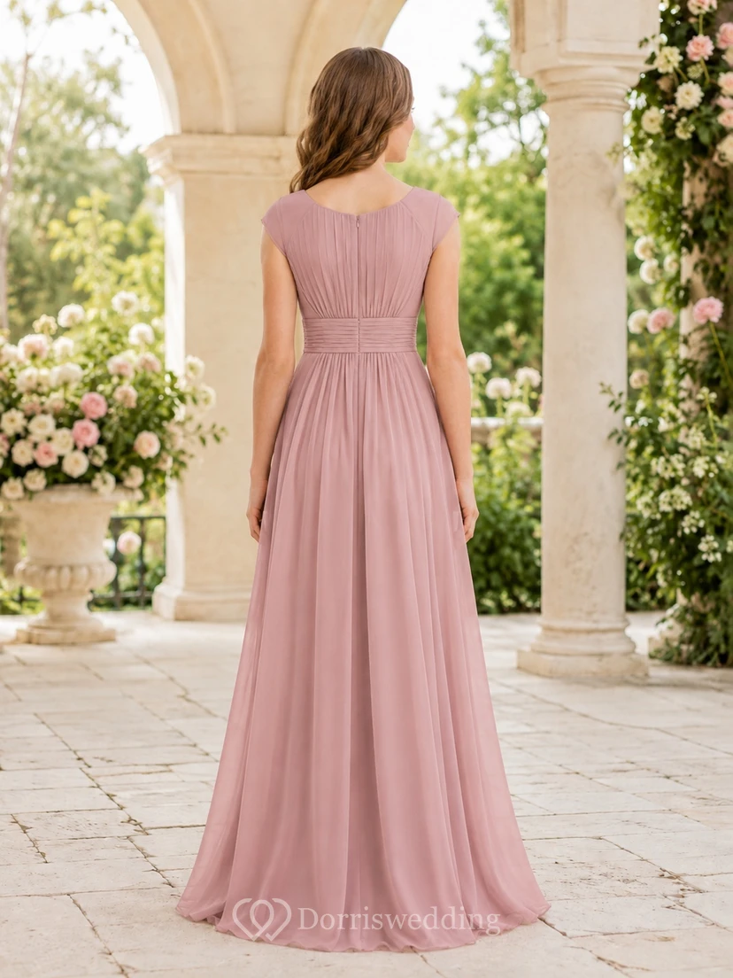 Vestido de dama de honor juvenil color rosa empolvado, corte en A, escote redondo, manga corta, plisado, estilo romántico. view 2