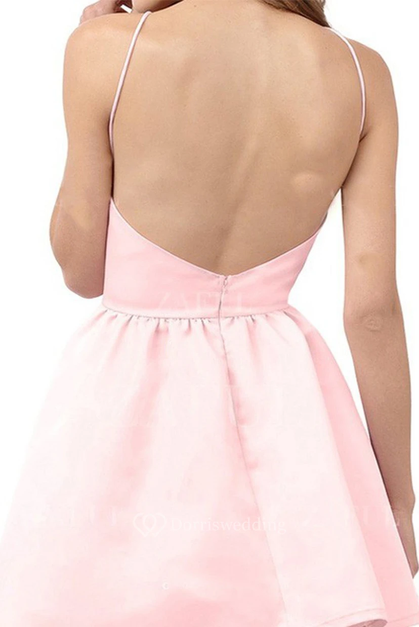 A-line Sleeveless Satin Halter Backless Zipper Straps Short Mini Homecoming Dress view 2