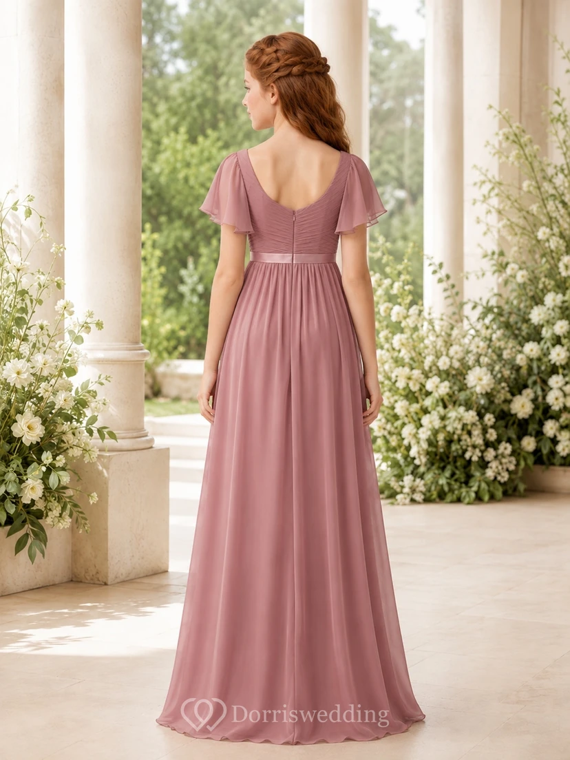 Vintage-Brautjungfernkleid in Mauve, A-Linie, Rundhalsausschnitt, kurze Ärmel, plissiert view 2