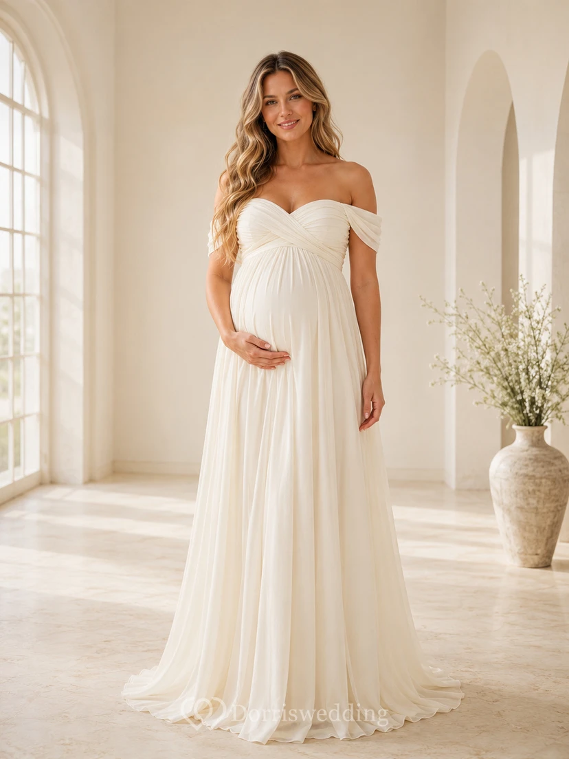 Umstandskleid in Elfenbein, Empire-Stil, bodenlang, schulterfrei, kurze Ärmel, Chiffon, romantisch, elegant, für Brautjungfern und Gäste, Gartenkleid