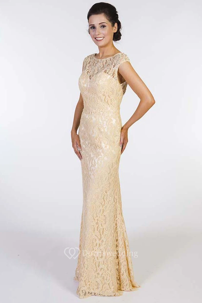 Sheath Cap Sleeve Scoop Neck Beaded Lace Prom Dress