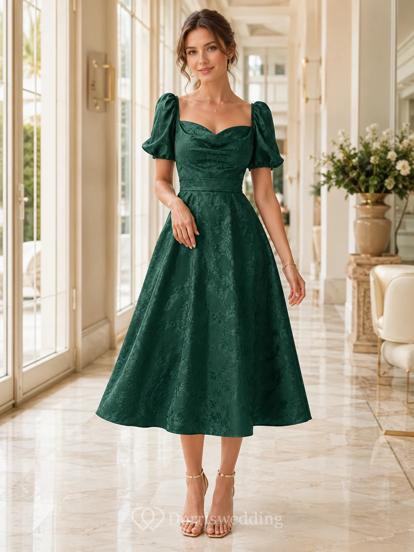 Robe midi élégante et formelle en dentelle jade à manches bouffantes et décolleté cœur