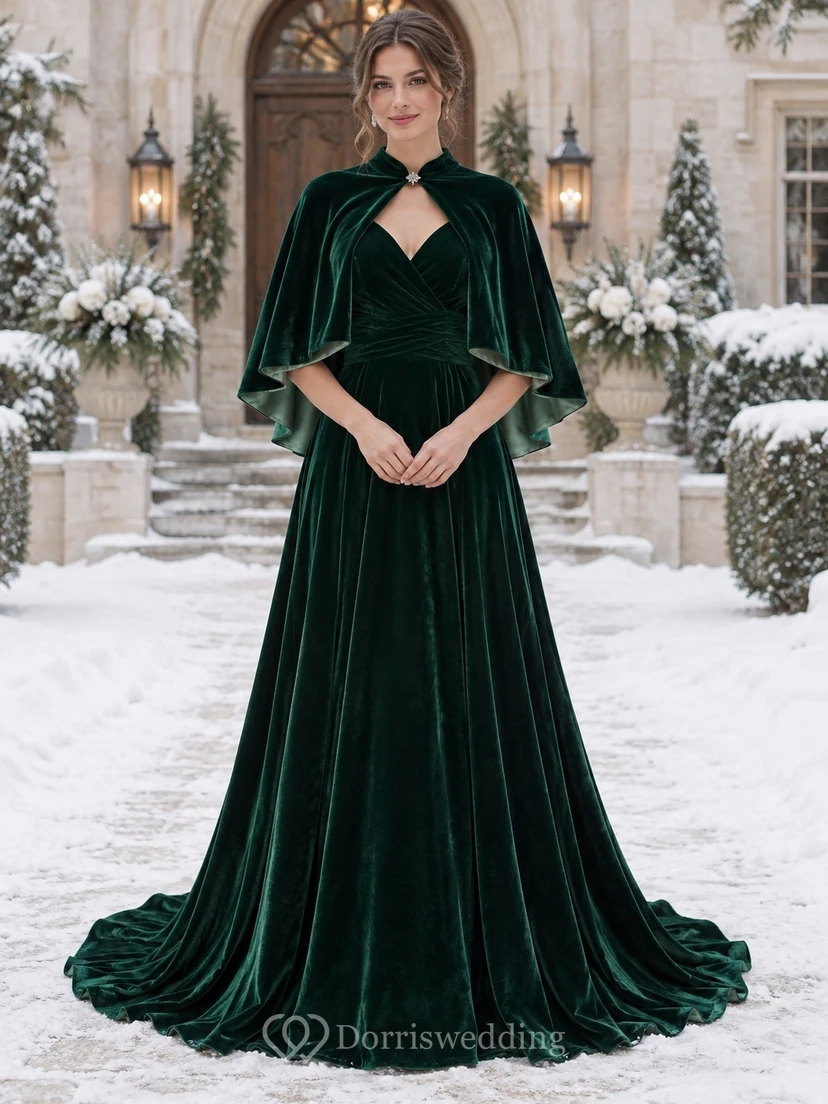 Dark Green Sweetheart Velvet A-line Short Cape Wedding Dress
