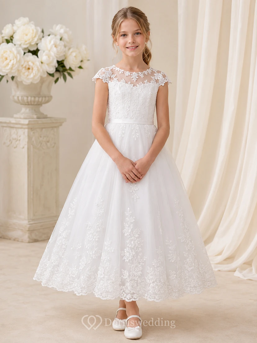 Weißes Blumenmädchenkleid mit Blumenmuster, kurzen Ärmeln und Spitze, Knöchellang, für Kommunion