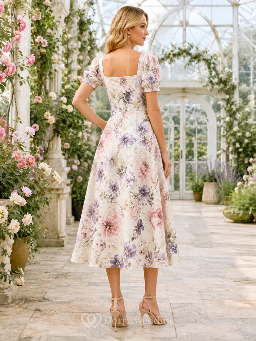 Vestido midi de corte A con cuello cuadrado y mangas abullonadas, estampado floral de jardín. view 2