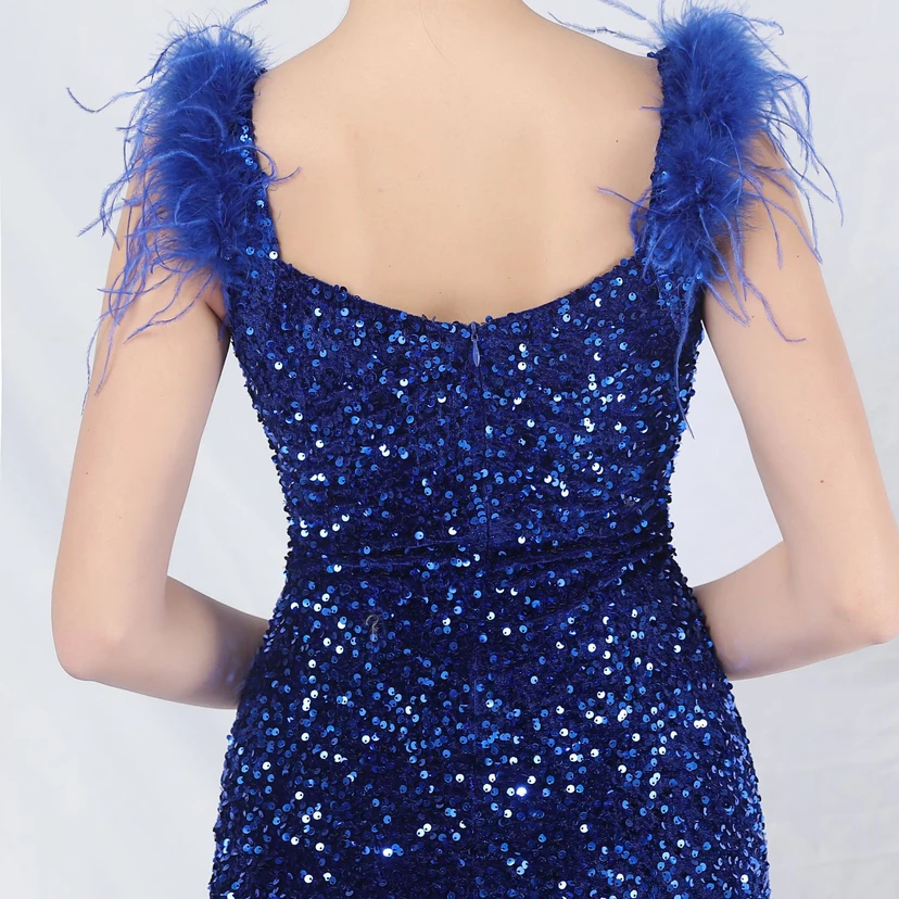 Craft Beaded Ostrich Feather Plush Sequined Long Evening Dress view 25
