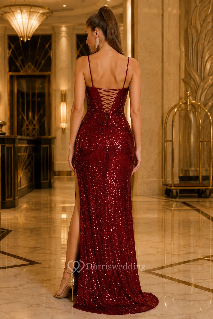 Burgunderfarbenes Paillettenkleid mit Spaghettiträgern view 2