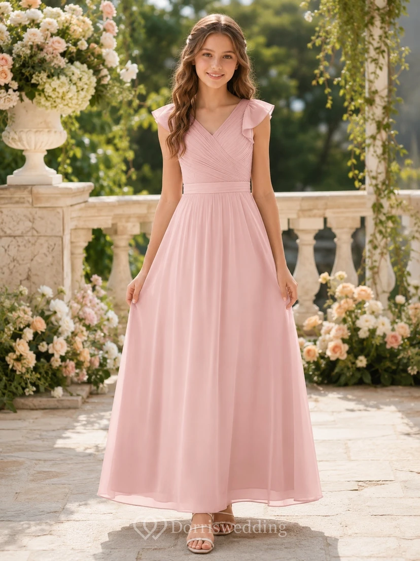 Elegantes, perlmuttrosa Brautjungfernkleid in A-Linie mit V-Ausschnitt und kurzen Ärmeln