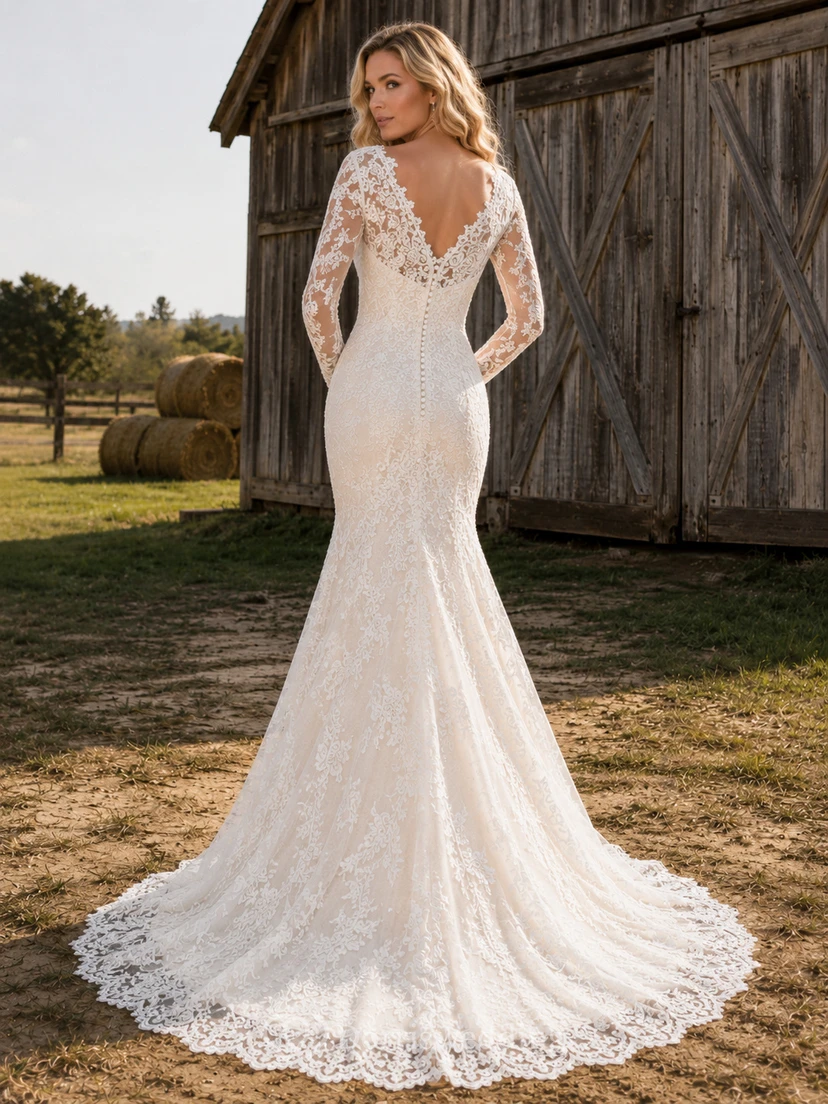 Rustic V Neck Long Sleeve Lace Mermaid Deep Back Chapel Wedding Gown view 2