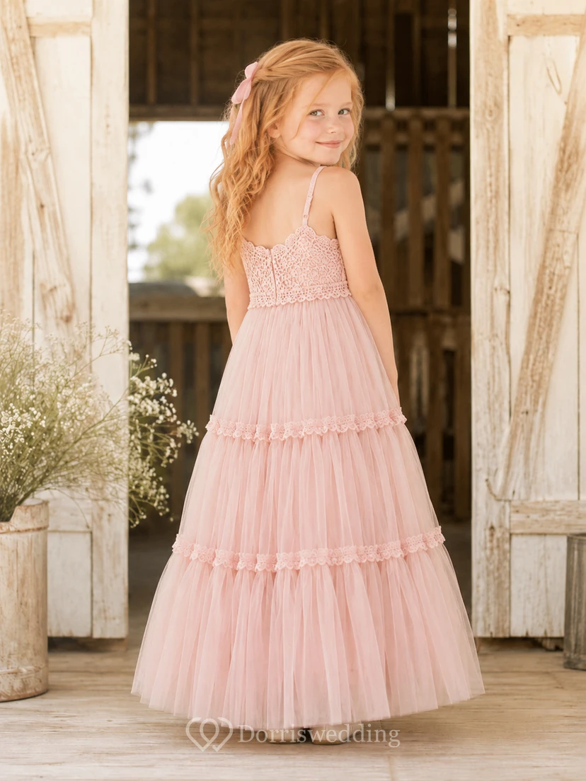 Pink Lace Tulle A-Line Flower Girl Dress with Short Sleeves, Jewel Neck, Tea-Length Skirt and Bow Detail view 2