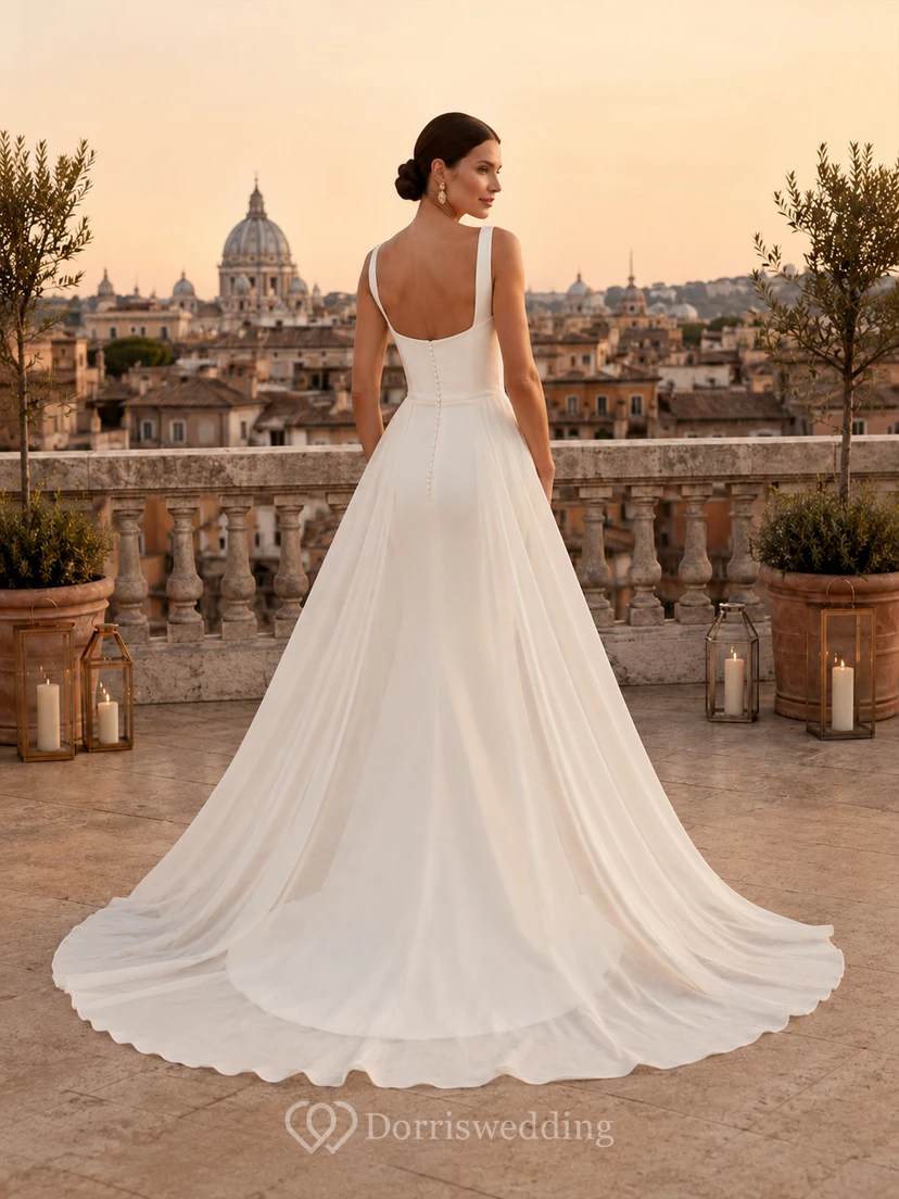 Robe de mariée moderne en crêpe mousseline à encolure carrée et jupe fourreau, idéale pour un mariage à destination. view 2