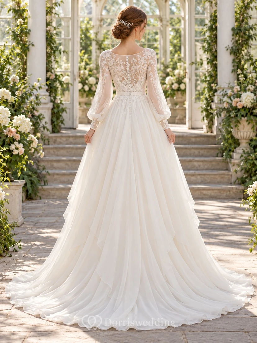 Modest Bateau Neck Long Poet Sleeve Chiffon Lace Wedding Dress view 2