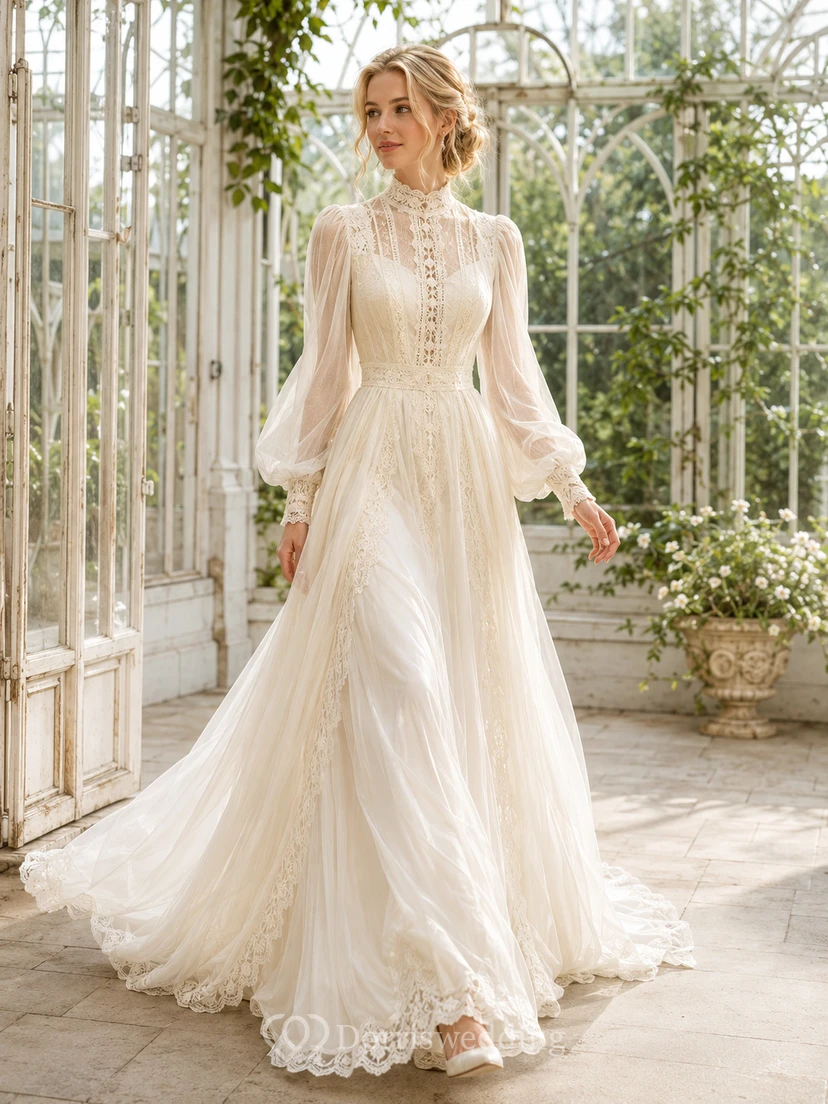 Boho Lace Tulle Wedding Dress A-Line High Neck Long Sleeve Sweep Train Bridal Gown