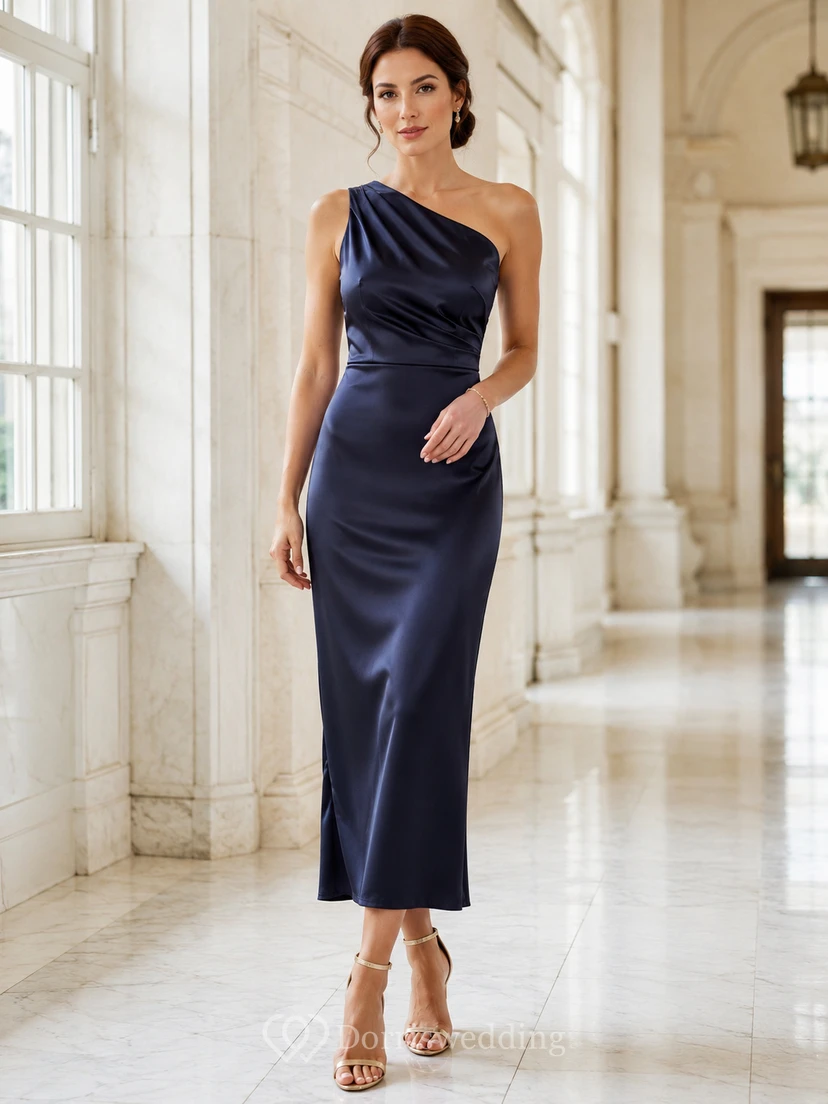 Courthouse Dark Navy One-Shoulder Satin Sheath Tea-Length Draped Dress