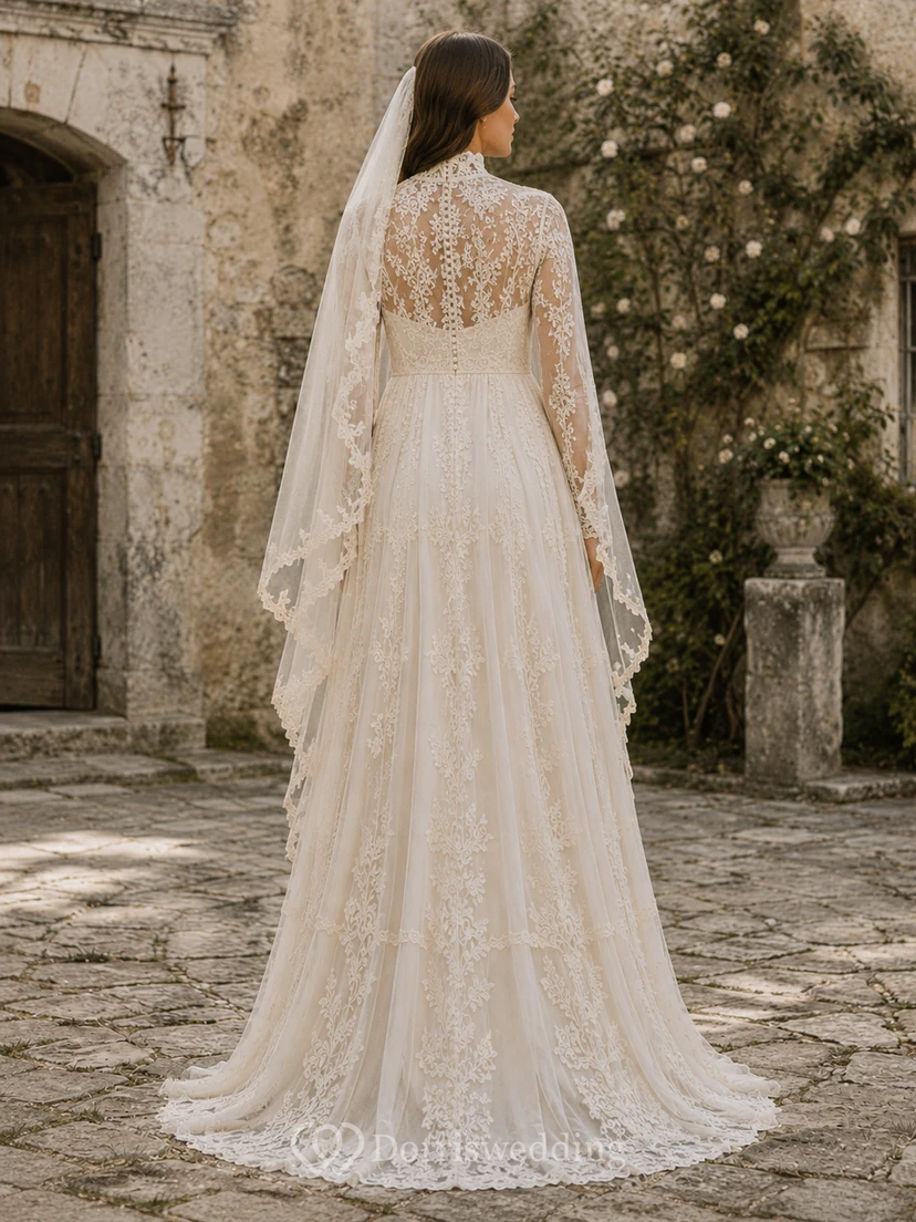 Robe de mariée de maternité à col montant et manches longues en dentelle, style vintage, en tulle. view 2