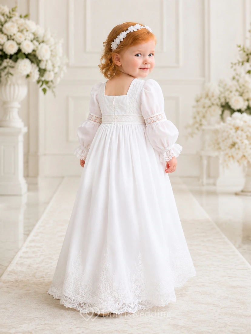 Bishop Sleeve Baptism Gown A-Line Lace Satin Square Neck Floor-Length view 2