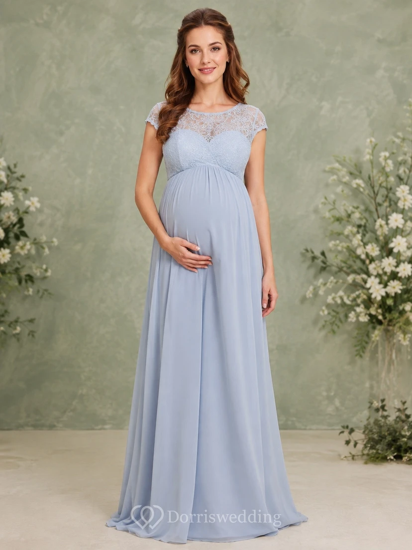 Vestido de maternidad romántico largo hasta el suelo, de encaje, con cuello cuadrado y mangas cortas, color azul pizarra.