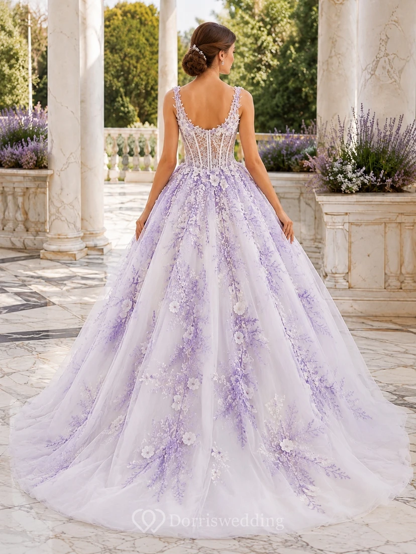 Lavender Floral Ball Gown Tulle Bridal Dress Straps Sleeveless Cathedral Train view 2