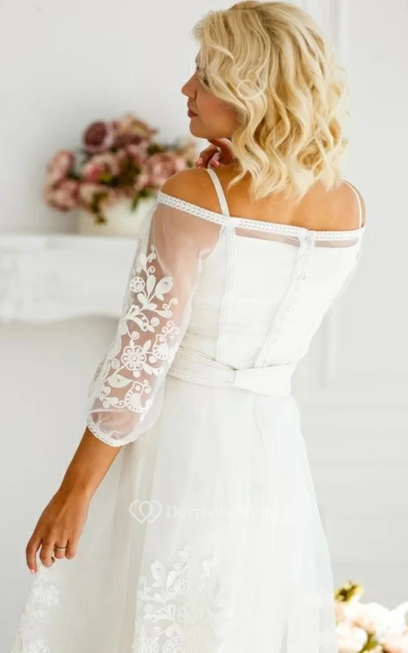 Ätherisches A-Linien-Brautkleid aus Tüll mit Teelänge, 3/4-Ärmeln, Knöpfen und Applikationen view 2
