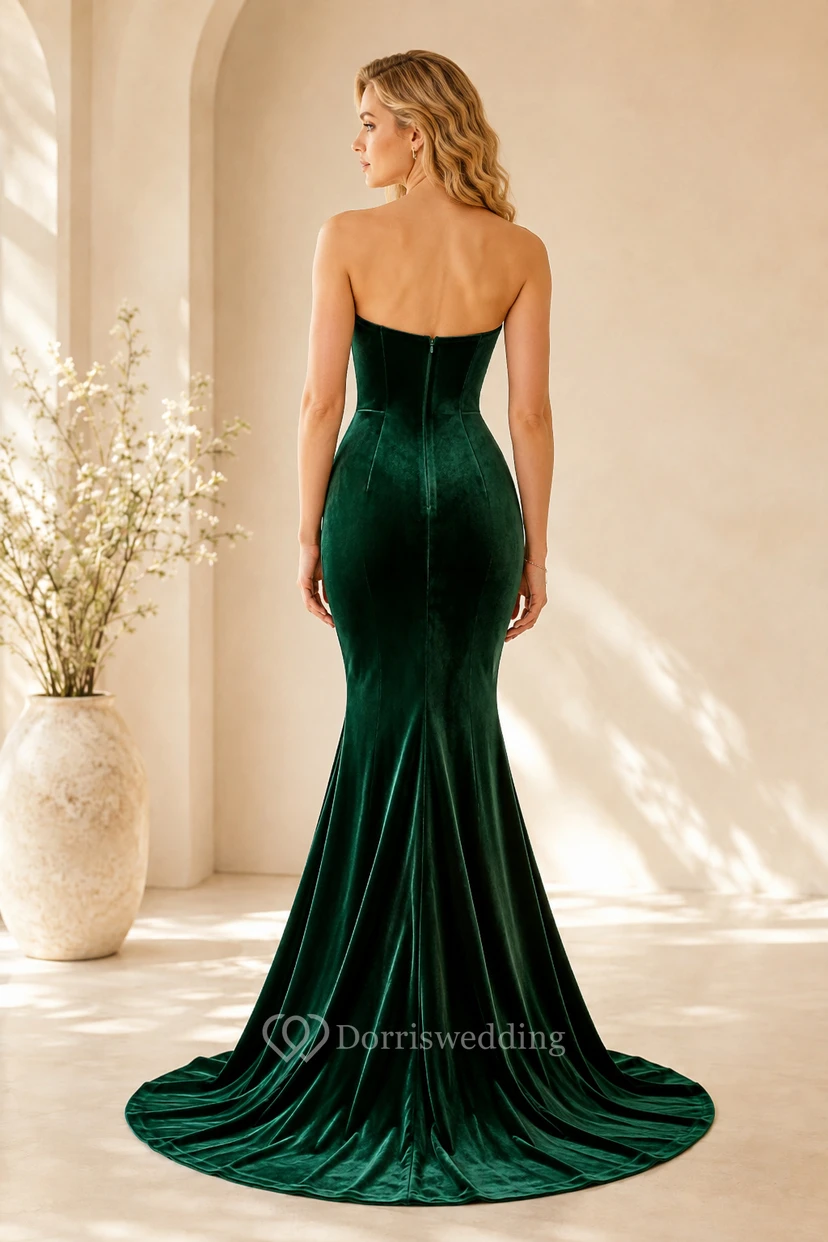 Robe de soirée sirène bustier en velours émeraude view 2