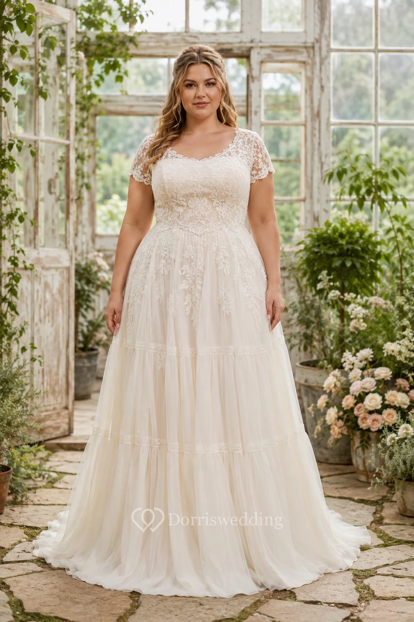 Vestido de novia de talla grande con escote joya, encaje, tul y corte en A con mangas cortas.