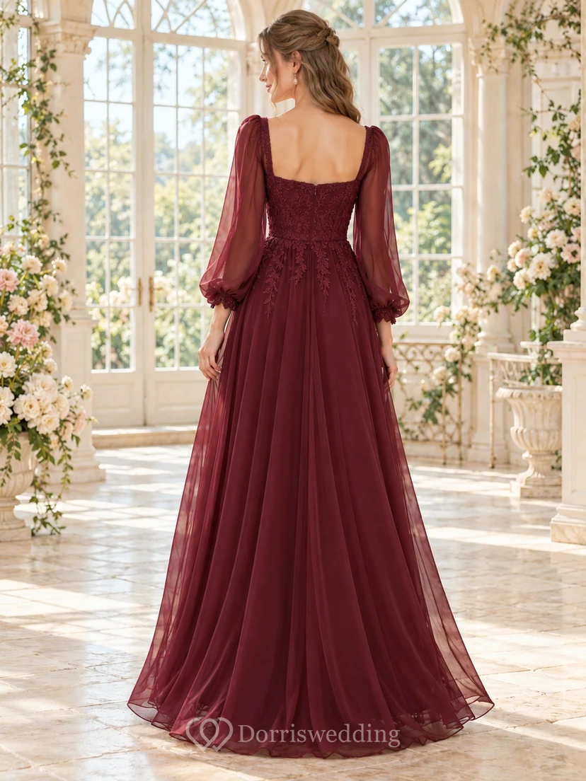 Boho Burgundy Long Sleeve Sweetheart Lace Chiffon A-Line Bridesmaid Dress view 2