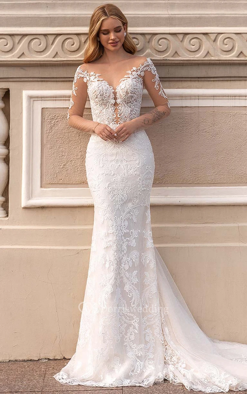 Sophisticated Mermaid Illusion Lace Applique Sheath Wedding Dress Styles with Detachable Skirt view 4