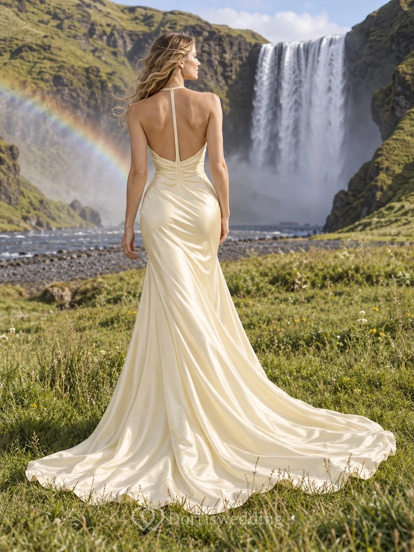 Vestido de novia de charmeuse estilo sirena con escote halter, escote corazón tipo drapeado y espalda cruzada fruncida. view 2