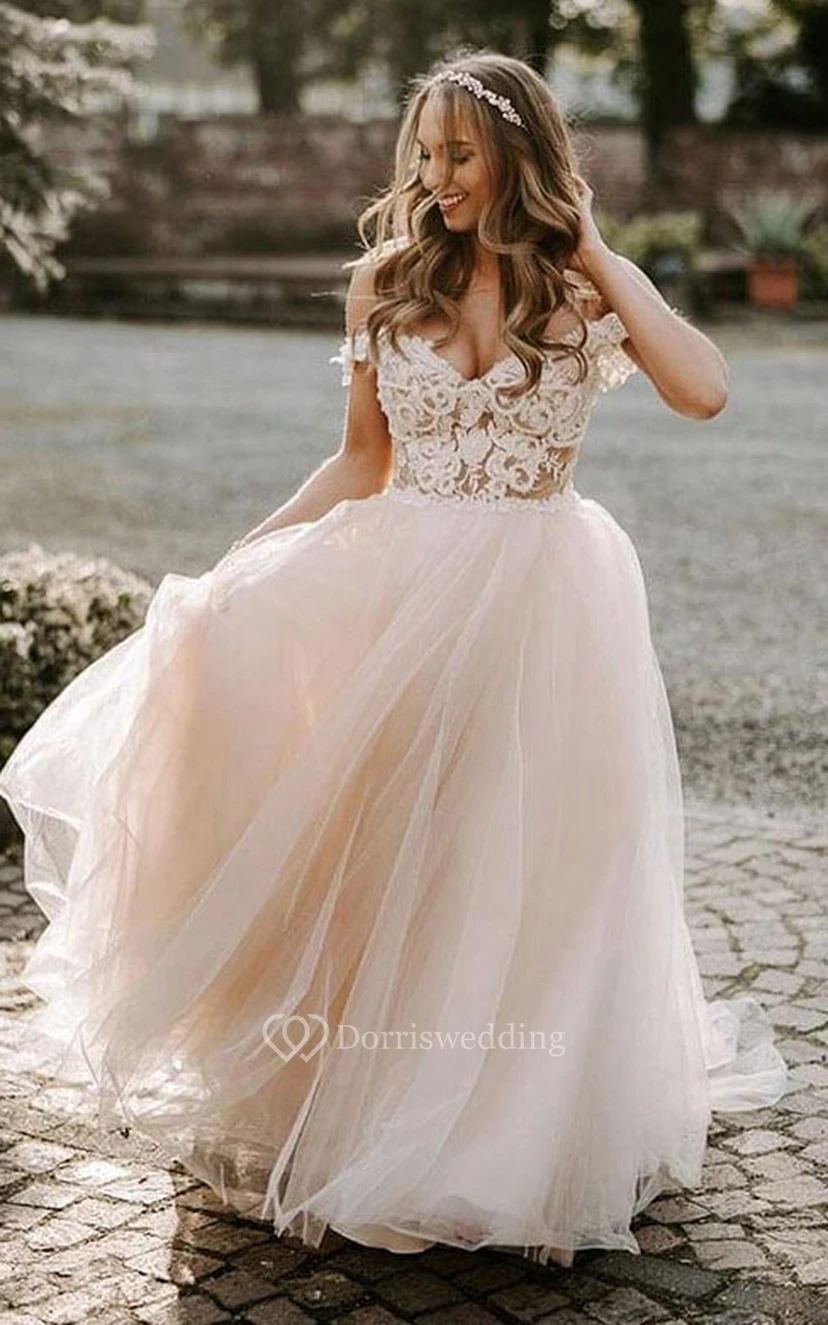 Off-the-shoulder Blush Tulle Flowy A-line Wedding Dress with Lace Top