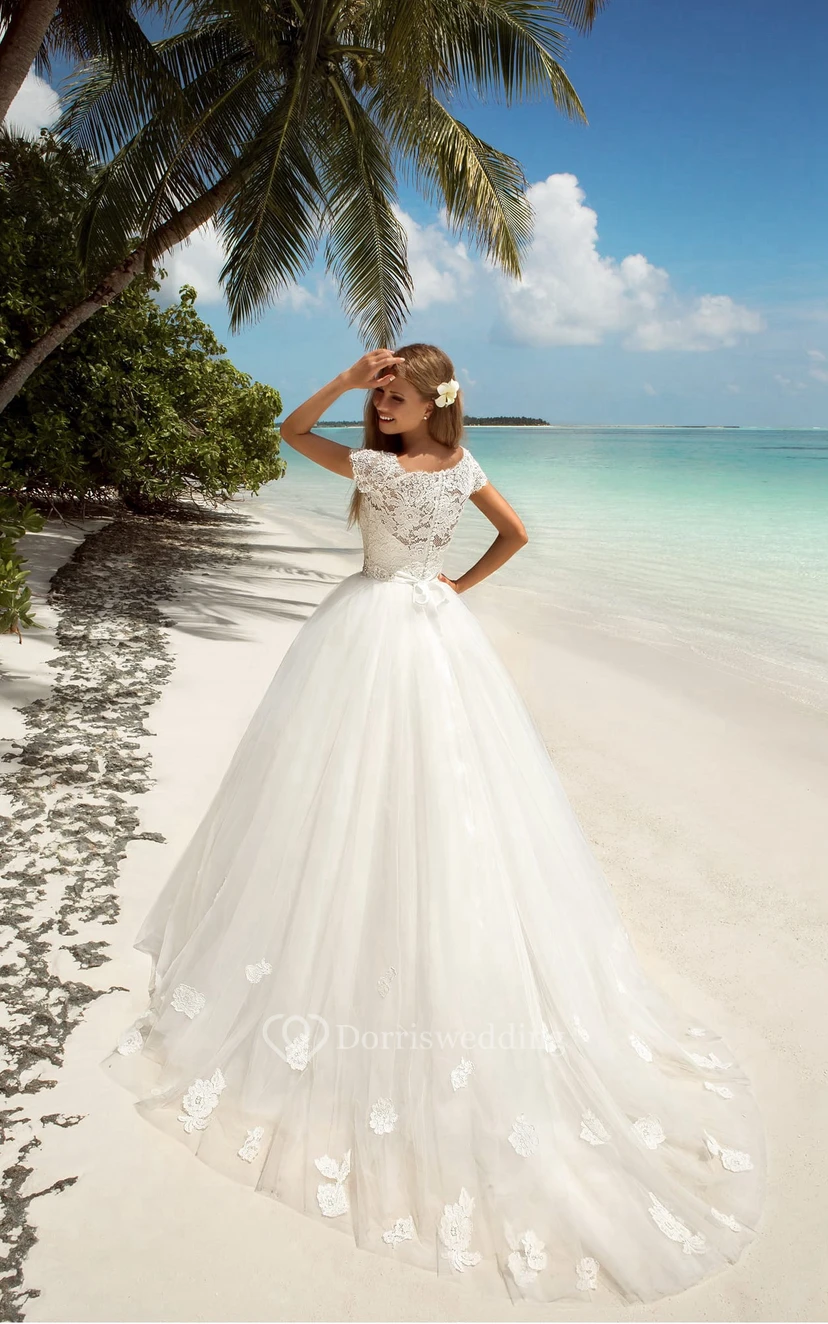 A-Line Maxi Bateau-Neck Long-Sleeve Tulle Dress With Beaded view 3