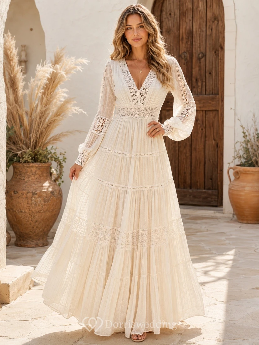 Vestido largo bohemio de manga larga, cuello en V, encaje escalonado y corte en A