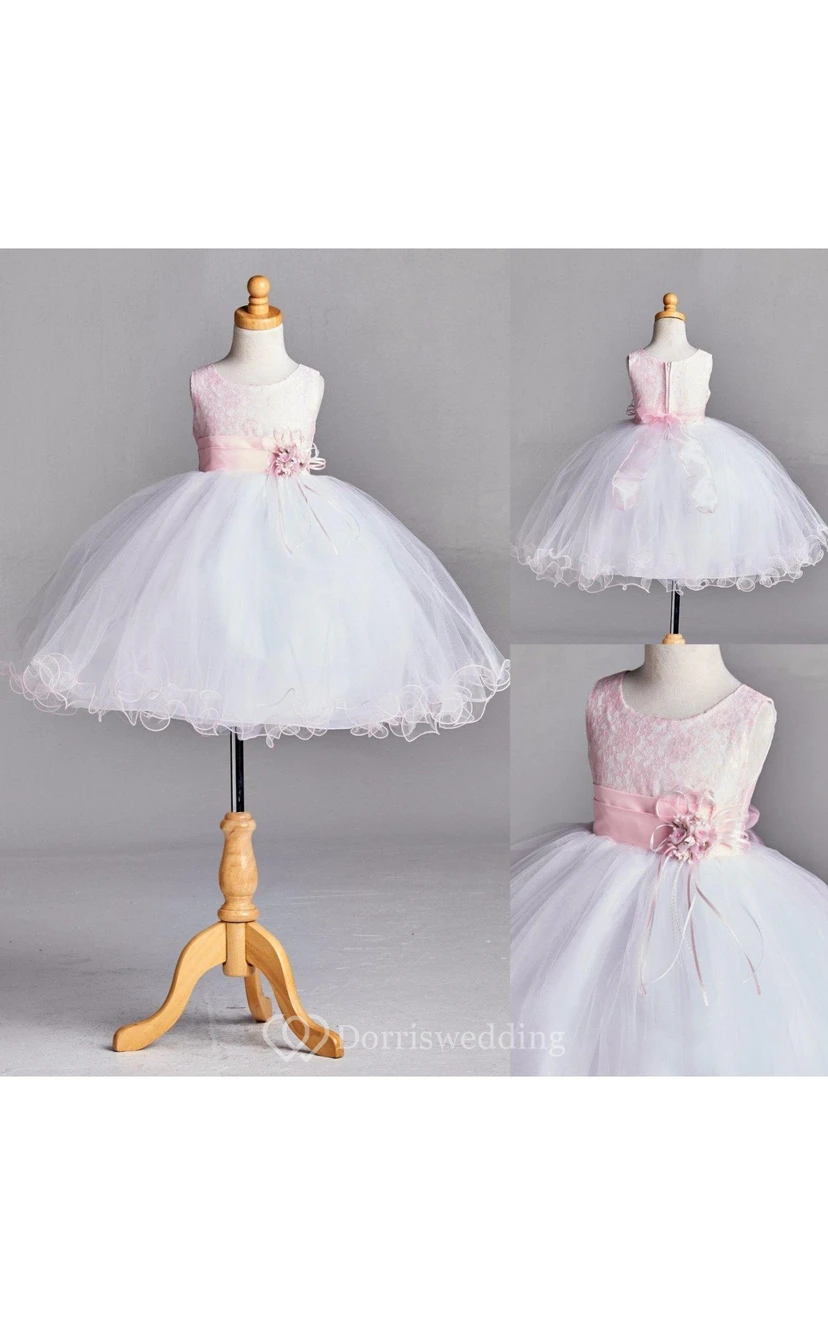 Scoop Neck Sleeveless Empire Tulle Ball Gown With Flower Sash view 4