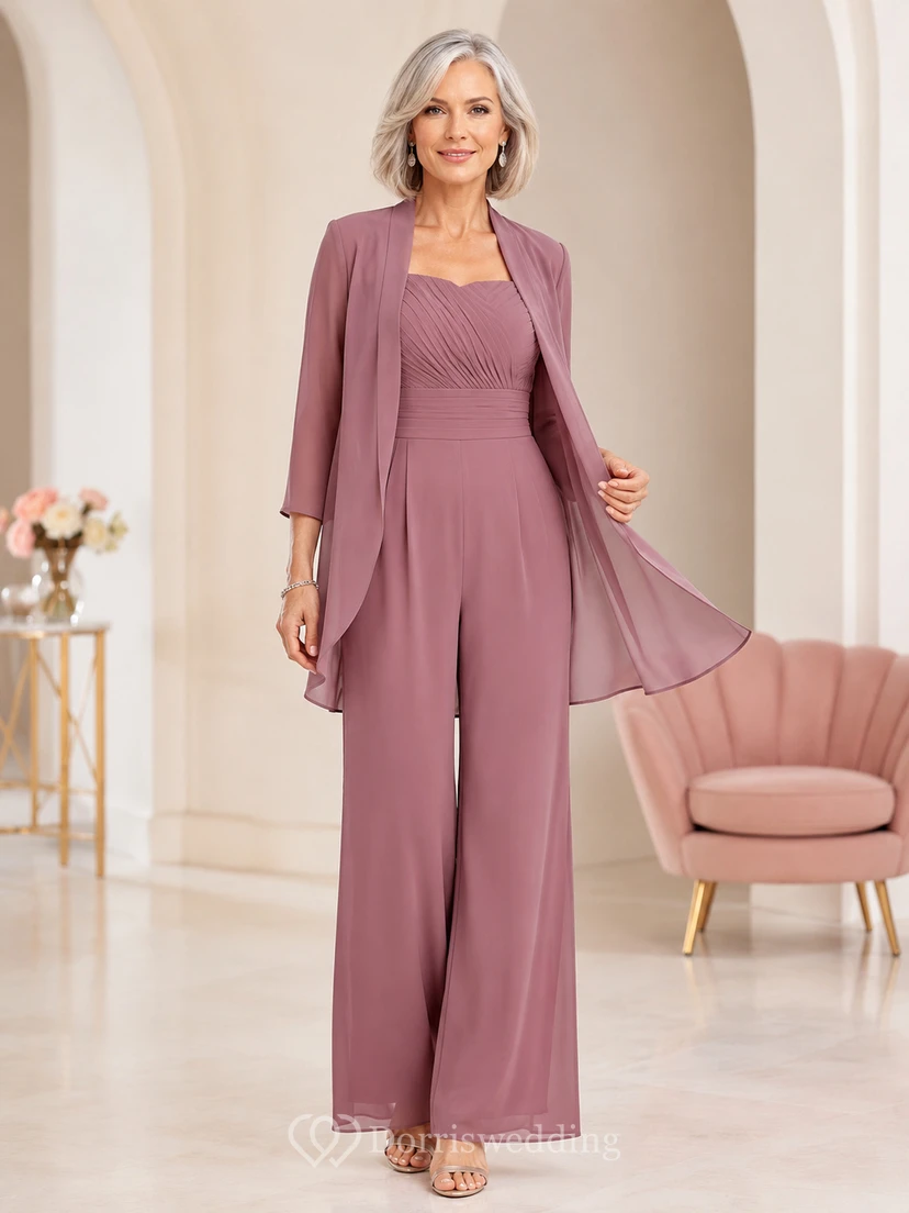 Mother Dusty Rose Chiffon Jumpsuit with Jewel Neck Pleated Bodice and Flowing Jacket