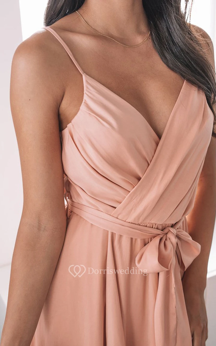 Empire V-neck Spaghetti Strap High Low Chiffon Bridesmaid Dress with Ruching and Bow view 3