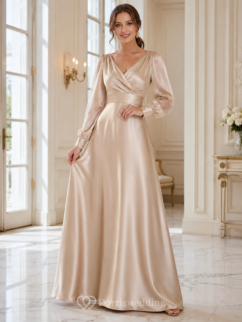 Champagne V-Neck Poet-Sleeve Ruched Satin Elegant A-Line Floor Evening Gown