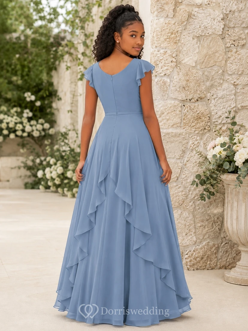 Schieferblaues Brautjungfernkleid in A-Linie mit kurzem, rundem Ausschnitt und Blütenblattärmeln aus Chiffon – elegant view 2