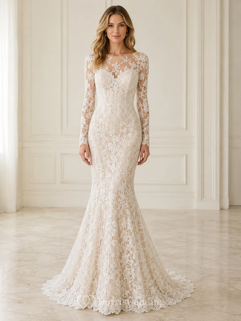 Vestido de novia romántico estilo sirena con mangas largas, encaje, escote barco y cola larga.